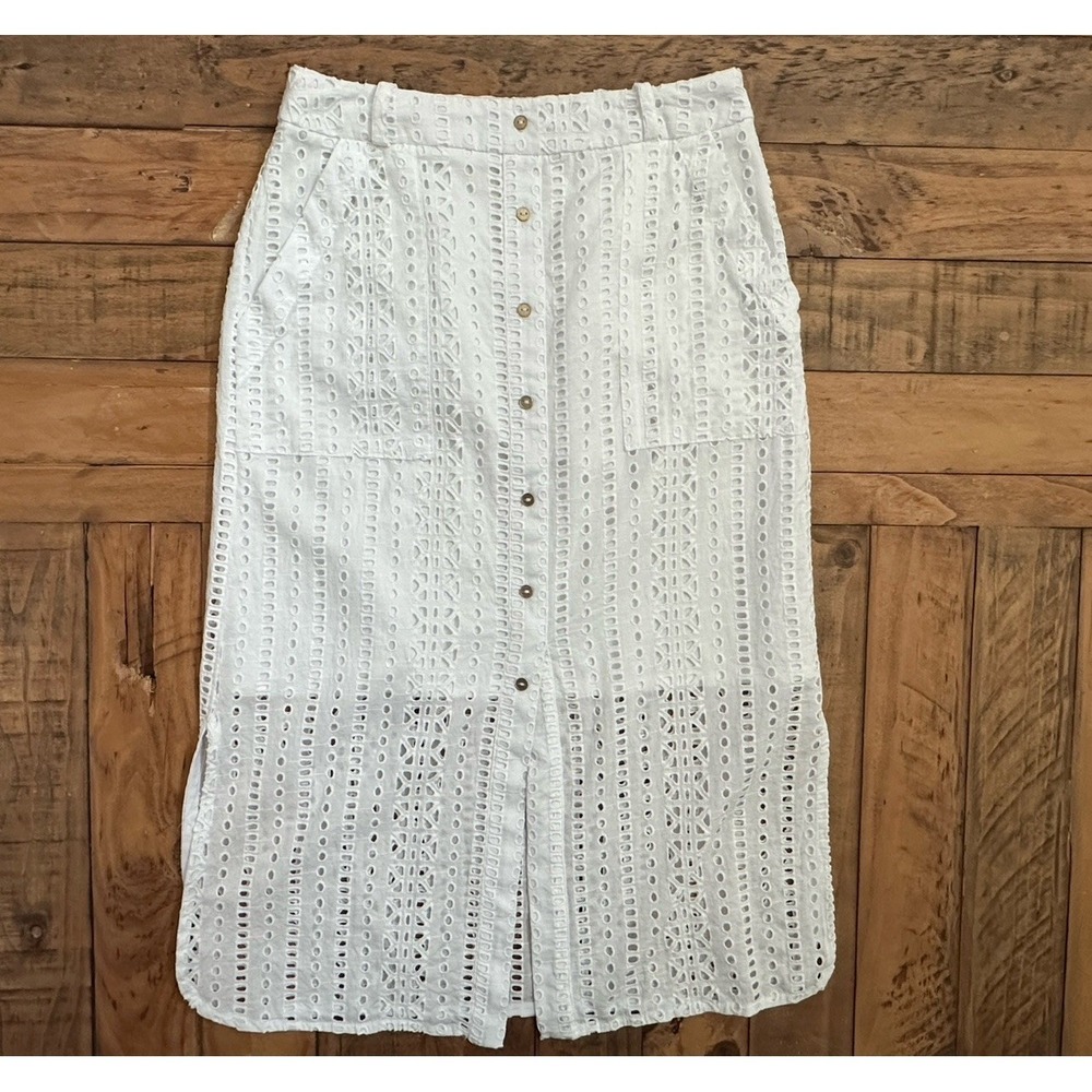 River Island UK Sz: 8 = US Sz: 4 White Eyelet Pencil Midi Skirt Summer Chic